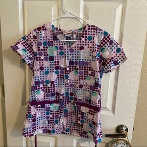 Barco Juniors Retro Dot Cotton Scrub Top Women's Size Small Purples Blues White